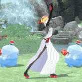 a woman in a white dress is dancing in front of a water bottle that says o on it