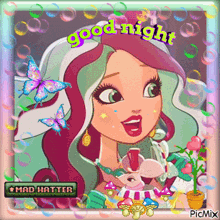 a picture of a cartoon girl with the words good night written above her