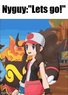 a girl in a red hat is standing in front of a group of pokemon and says nyguy let 's go .