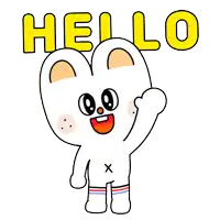 a cartoon bunny says hello with a smiley face