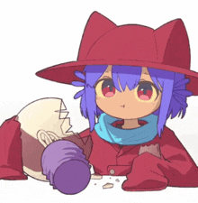 a girl with purple hair wearing a red hat and scarf