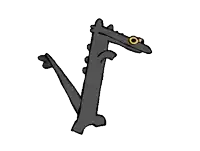 a cartoon of a frog with a long neck and yellow eyes .