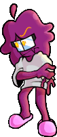 a cartoon character with a purple head and pink slippers