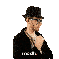 a man wearing a hat and glasses has the word mcdh on the bottom