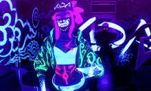 a person is standing in front of a glow in the dark wall holding a glowing object .