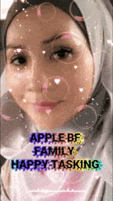 an animated image of a woman with the words apple bf family happy tasking