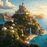 a flag that says flynn is flying in front of a castle