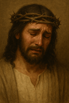 a painting of jesus with a crown of thorns crying