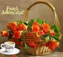 a basket of flowers and a cup of coffee on a saucer