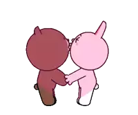a brown bear and a pink rabbit are kissing each other
