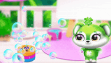 a green bear with a clover on its head is standing in front of a soap bubble machine