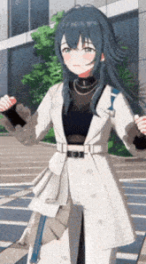 a girl with blue hair is wearing a white coat and a black top