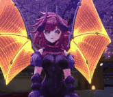 a girl with horns and wings is wearing a purple outfit