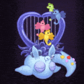 a cartoon drawing of seahorses sitting on top of a heart shaped cage .