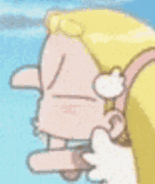 a close up of a cartoon character 's face with a blue background .