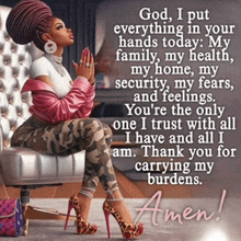 a woman is sitting in a chair with her hands folded in prayer ..