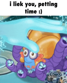 a picture of a cartoon character with the words i liek you petting time below it