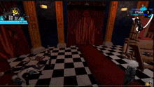 a video game is being played in a room with checkered floor