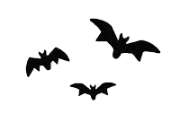three black bats are flying in a row on a white background .