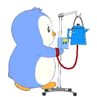 a blue and white penguin is holding a blue tea kettle on a stand
