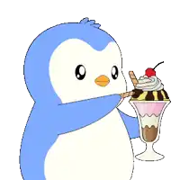 a blue and white penguin is holding a sundae with whipped cream and a cherry on top