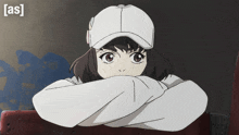 a cartoon girl wearing a white hat and a white sweater with the letters a and s below her