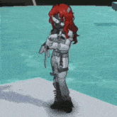 a woman with red hair is standing on a snowy surface in a video game .