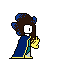 a pixel art drawing of a person in a blue cape holding a yellow flower .