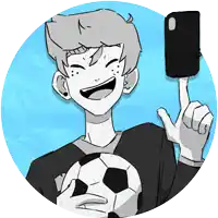 a cartoon of a boy holding a soccer ball and a cell phone