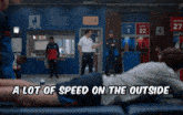 a man is laying on a couch in a locker room with the words " a lot of speed on the outside "