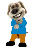 a stuffed animal dog wearing a blue jacket and orange pants