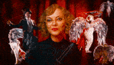 a woman with a syringe on her shoulder and a man in a top hat