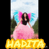 a woman in a pink dress with blue and pink wings has the name hadita on the bottom