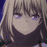a girl with blonde hair and purple eyes is smiling