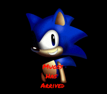 a cartoon of a blue hedgehog with the words " muggsy has arrived " on the bottom
