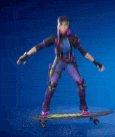 a person in purple pants is riding a skateboard on a blue surface