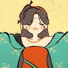 a drawing of a woman in a red dress with flowers on her sleeves