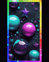 a picture of a rainbow colored background with balls and stars