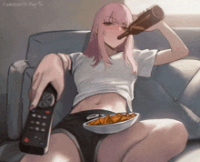 a girl with pink hair is sitting on a couch holding a remote and drinking a beer