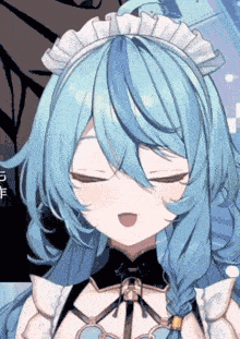 a girl with blue hair is wearing a maid 's hat