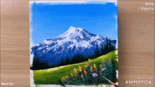 a painting of a snowy mountain with flowers and trees is made by wow art