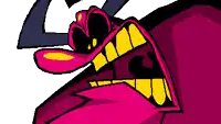 a pixel art drawing of a cartoon character with a large mouth and yellow teeth