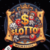 a logo for memecoin lotto with dice and cards