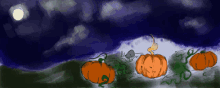 a painting of pumpkins in a field at night