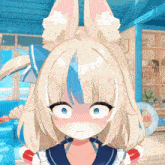 a girl with blonde hair and blue eyes is making a face