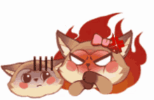 a cartoon cat with a bow on its head is sitting next to another cat with an angry face