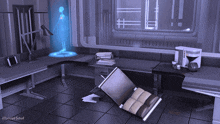 a computer generated image of an office with illusive soul written on the bottom right