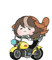 a cartoon character is riding a yellow motorcycle