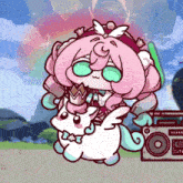 a cartoon girl is riding a white unicorn next to a boombox