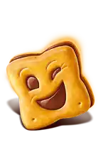 a cookie with a smiling face and chocolate icing